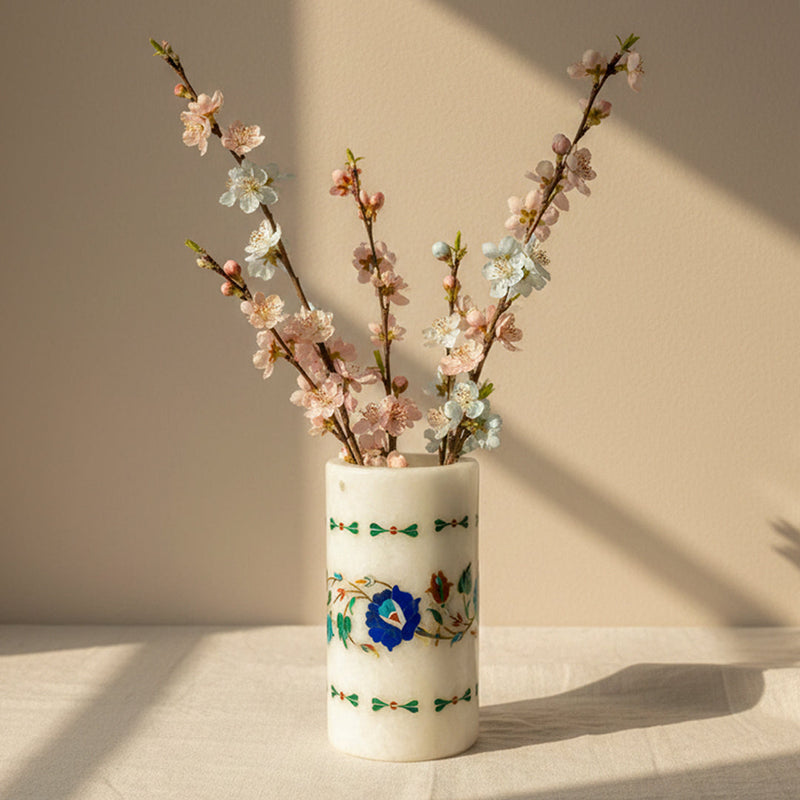 Handmade white marble vase with lapis lazuli floral inlay