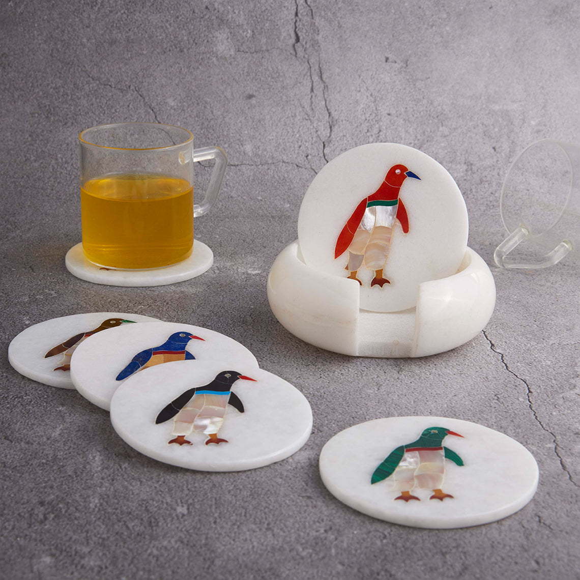 White Marble Coaster Set with Multi Color Gemstone Inlay Penguin Art, Coasters for Coffee Table and Living Room