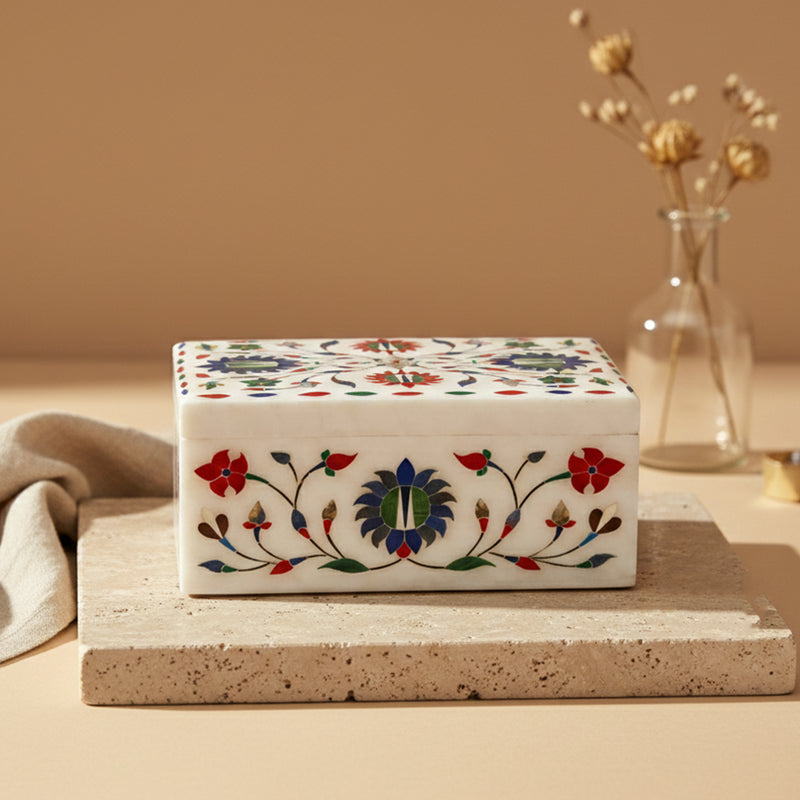 Handcrafted White Alabaster Jewellery Box with Carnelian & Lapis Lazuli Inlay | Luxury Marble Decorative Box