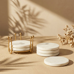 Premium White Marble Coasters with Elegant Metal Holder, Set of 4 with Table Protection, Sophisticated Home Decor, Handcrafted Natural Stone