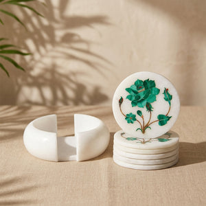 White Marble Coaster Set with Malachite Gemstone Inlay Floral Art, Coasters for Coffee Table and Living Room