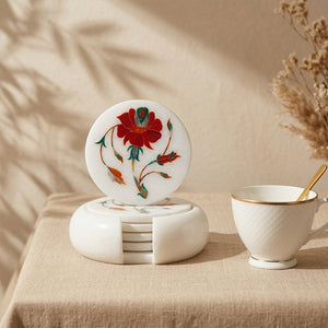 White Marble Coaster Set with Carnelian Gemstone Inlay Floral Art, Coasters for Coffee Table and Living Room