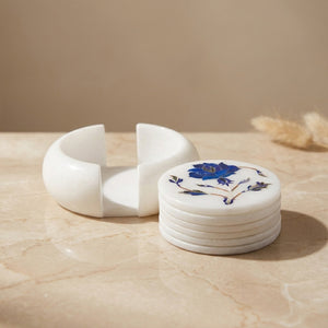 White Marble Coaster Set with Lapis Lazuli Gemstone Inlay Floral Art, Coasters for Coffee Table and Living Room