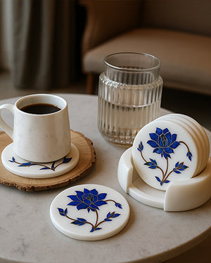 White Marble Coaster Set with Lapis Lazuli Gemstone Inlay Floral Art, Coasters for Coffee Table and Living Room