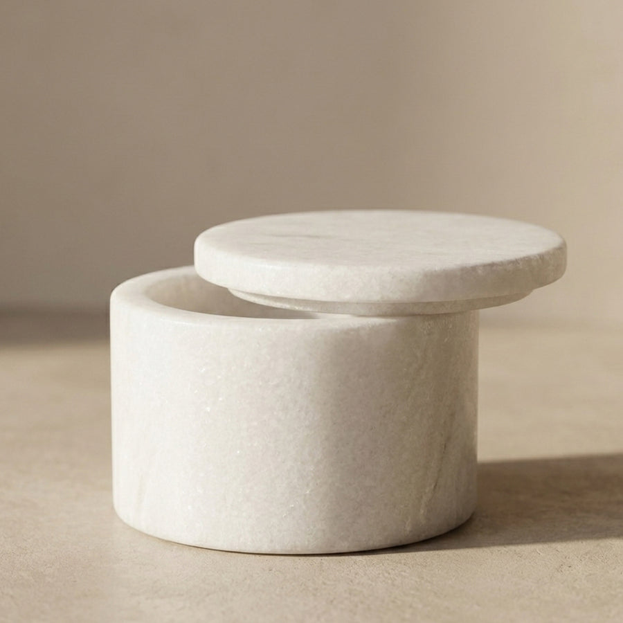 White Makrana Marble Salt Cellar with Lid, 3 Inch Box for Salt and Spices