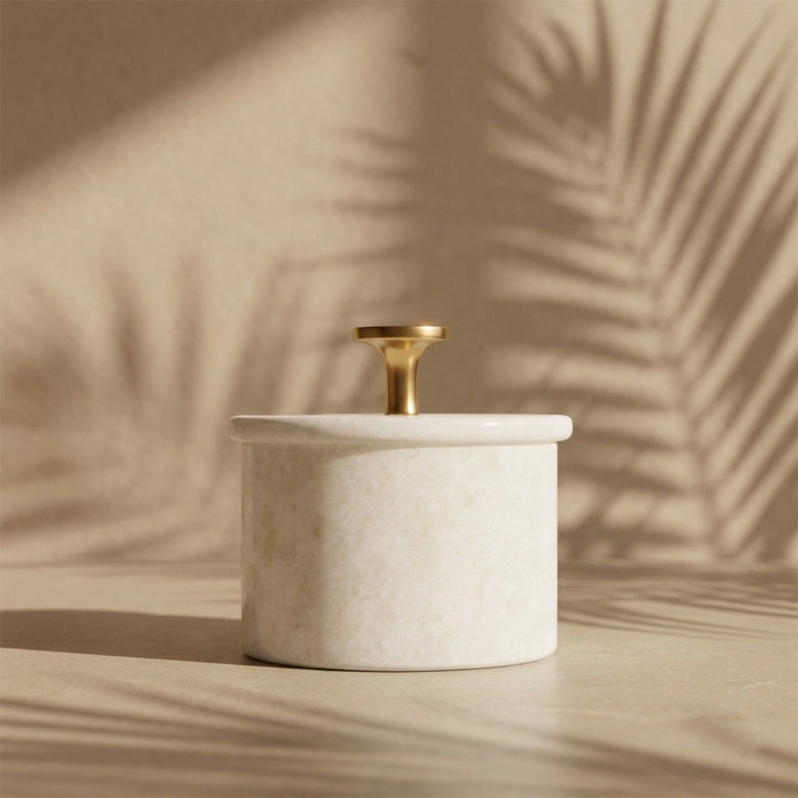 White Makranan Marble Salt Cellar with Lid and Brass Knob, 3 Inch Box for Salt and Spices