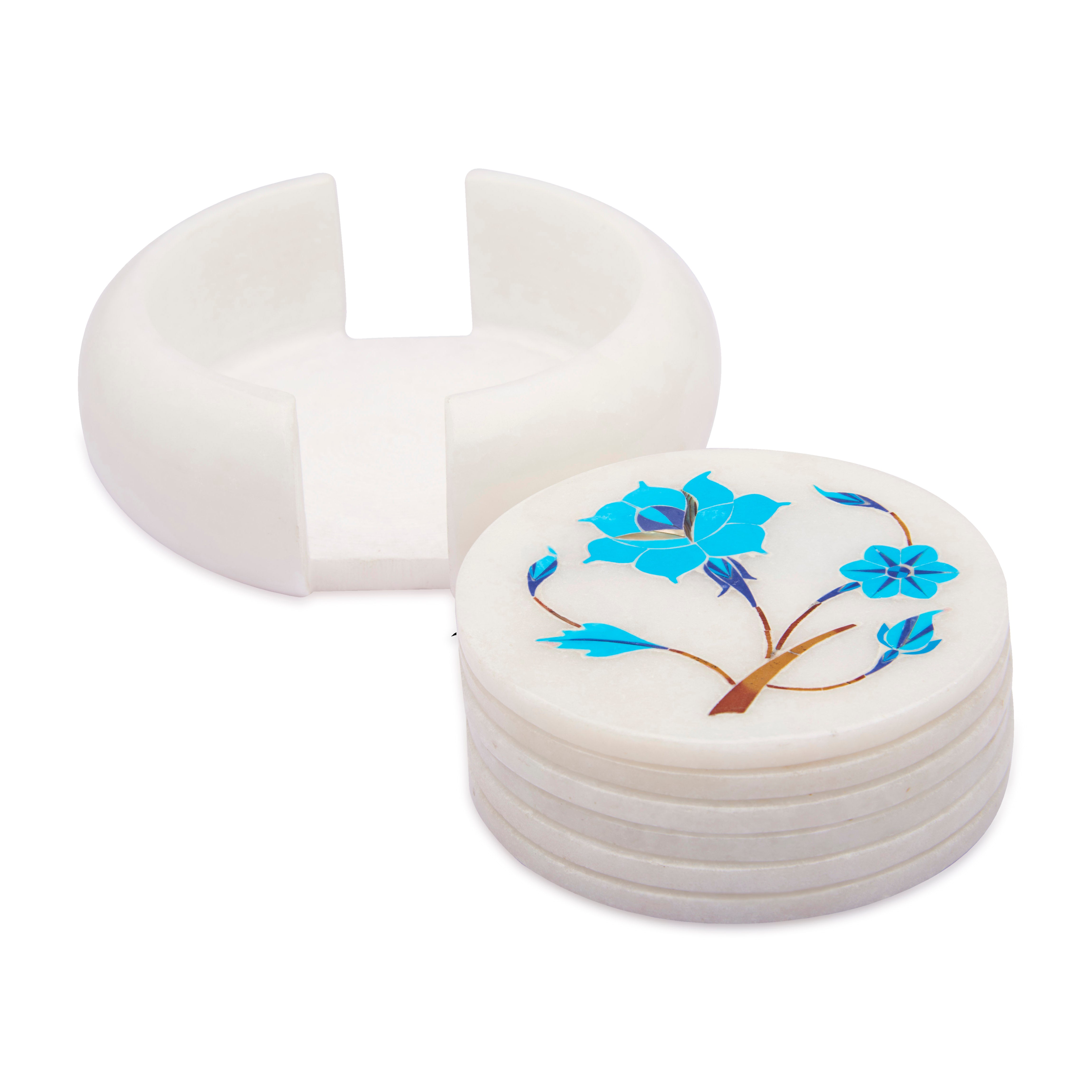 White Marble Coaster Set with Turquoise Gemstone Inlay Floral Art, Coasters for Coffee Table and Living Room