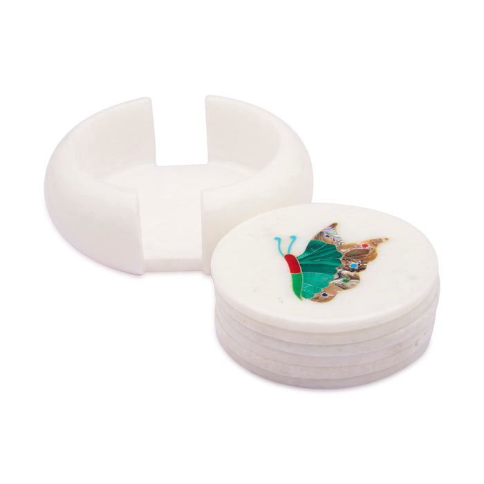 White Marble Coaster Set with Multi Color Gemstone Inlay Butterfly Art, Coasters for Coffee Table and Living Room