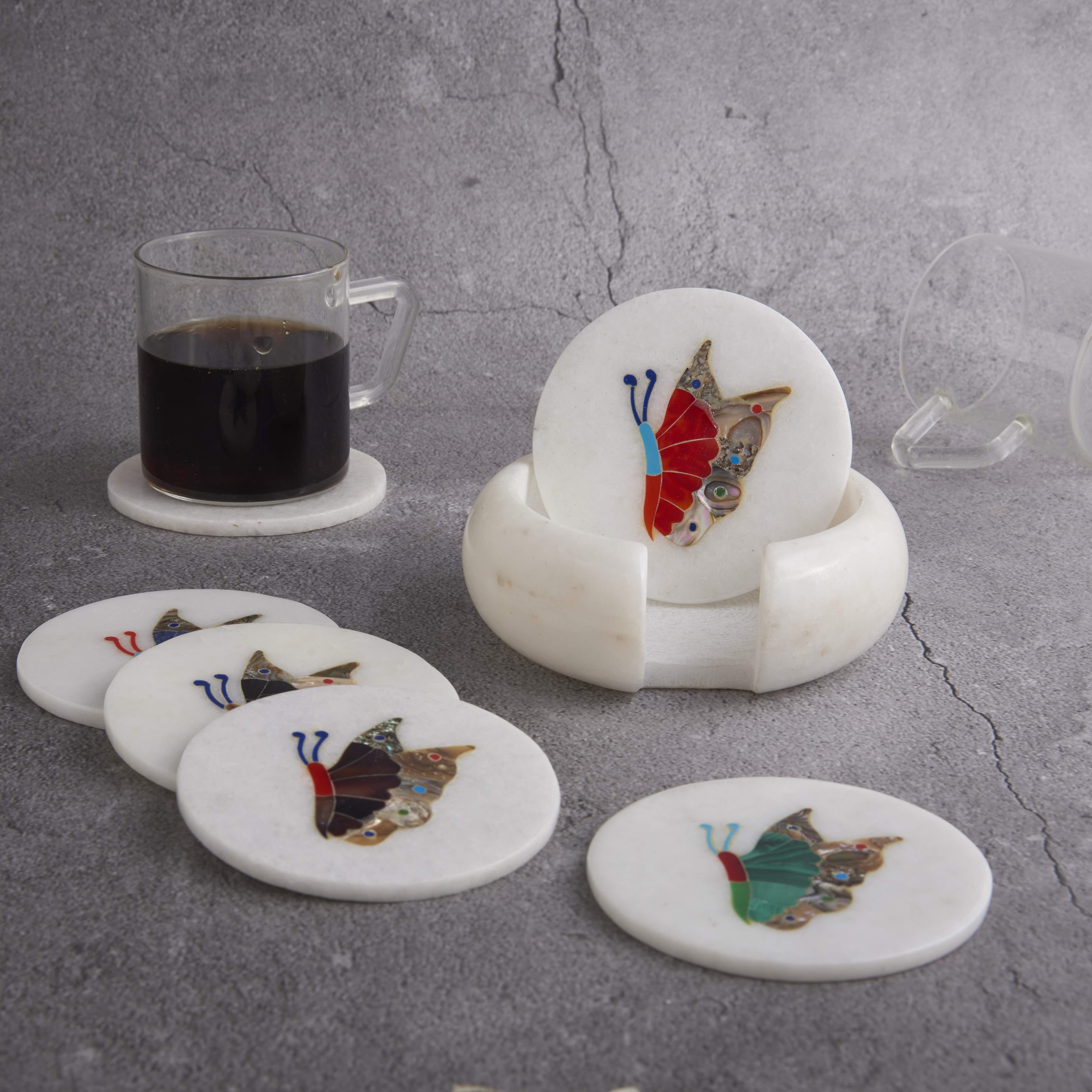 White Marble Coaster Set with Multi Color Gemstone Inlay Butterfly Art, Coasters for Coffee Table and Living Room