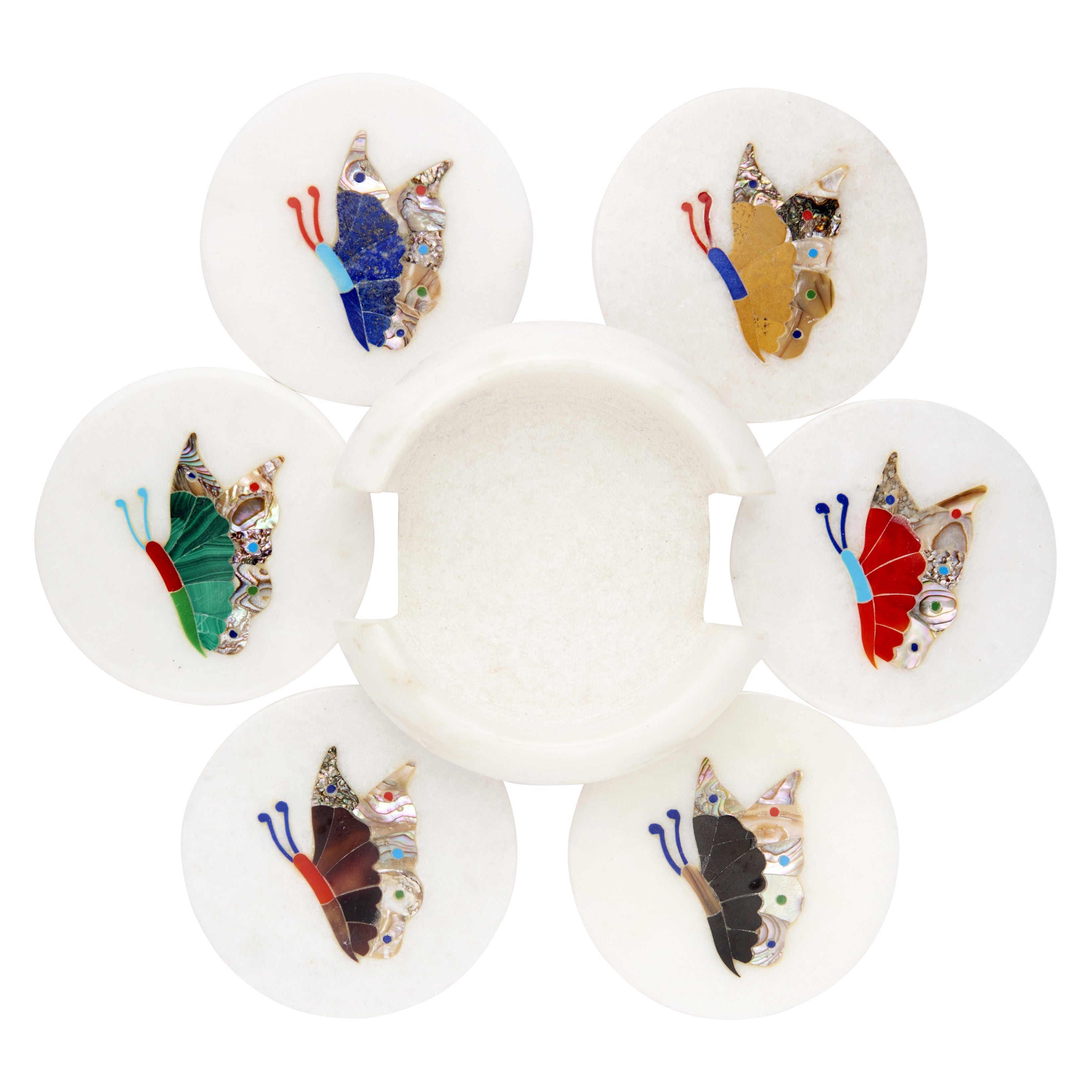 White Marble Coaster Set with Multi Color Gemstone Inlay Butterfly Art, Coasters for Coffee Table and Living Room
