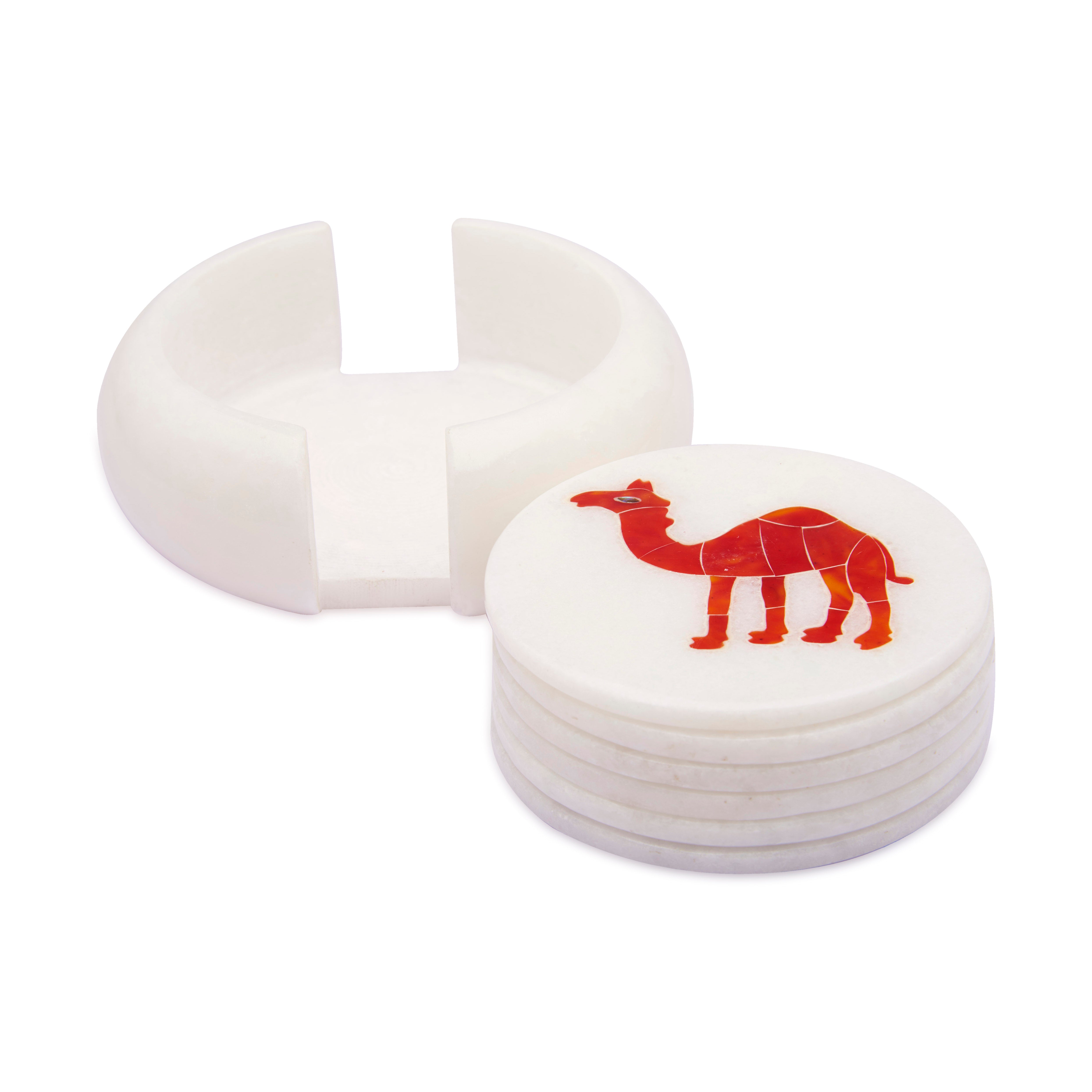 White Marble Coaster Set with Multi Color Gemstone Inlay Camel Art, Coasters for Coffee Table and Living Room