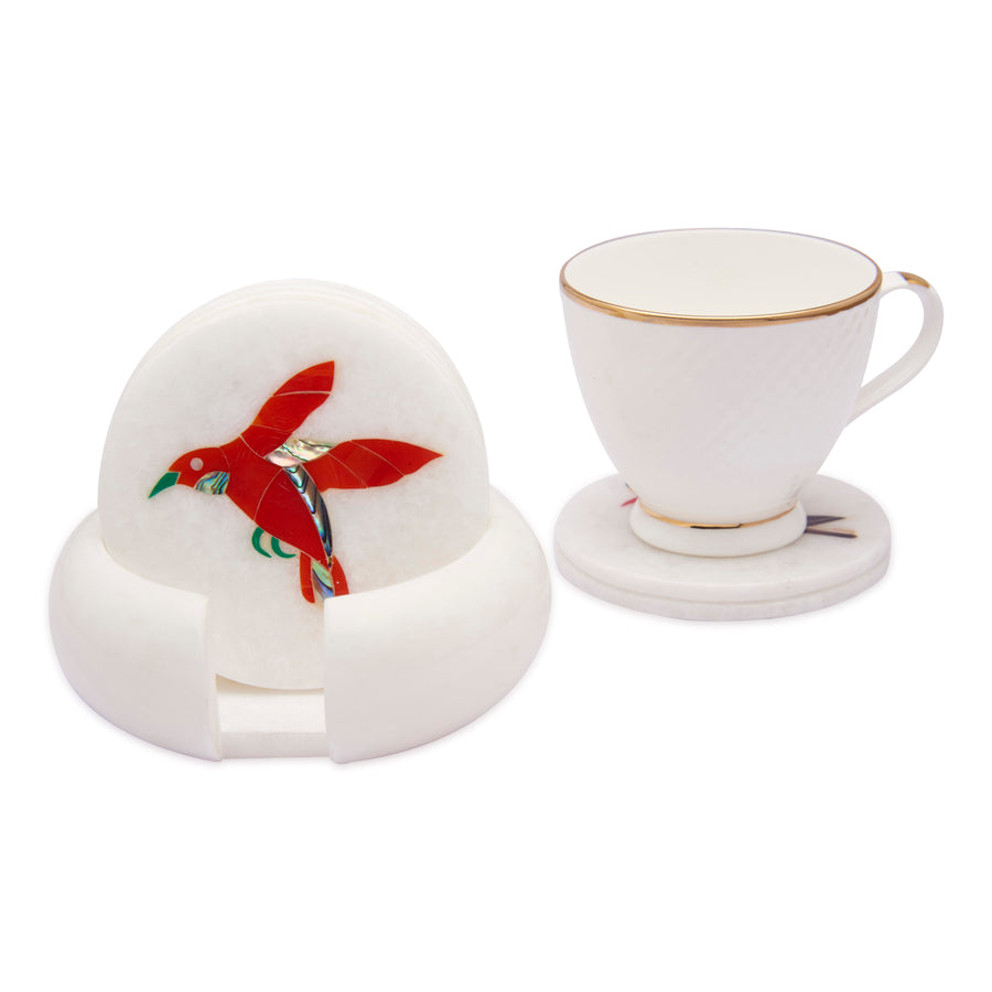 White Marble Coaster Set with Multi Color Gemstone Inlay Birds Art, Coasters for Coffee Table and Living Room