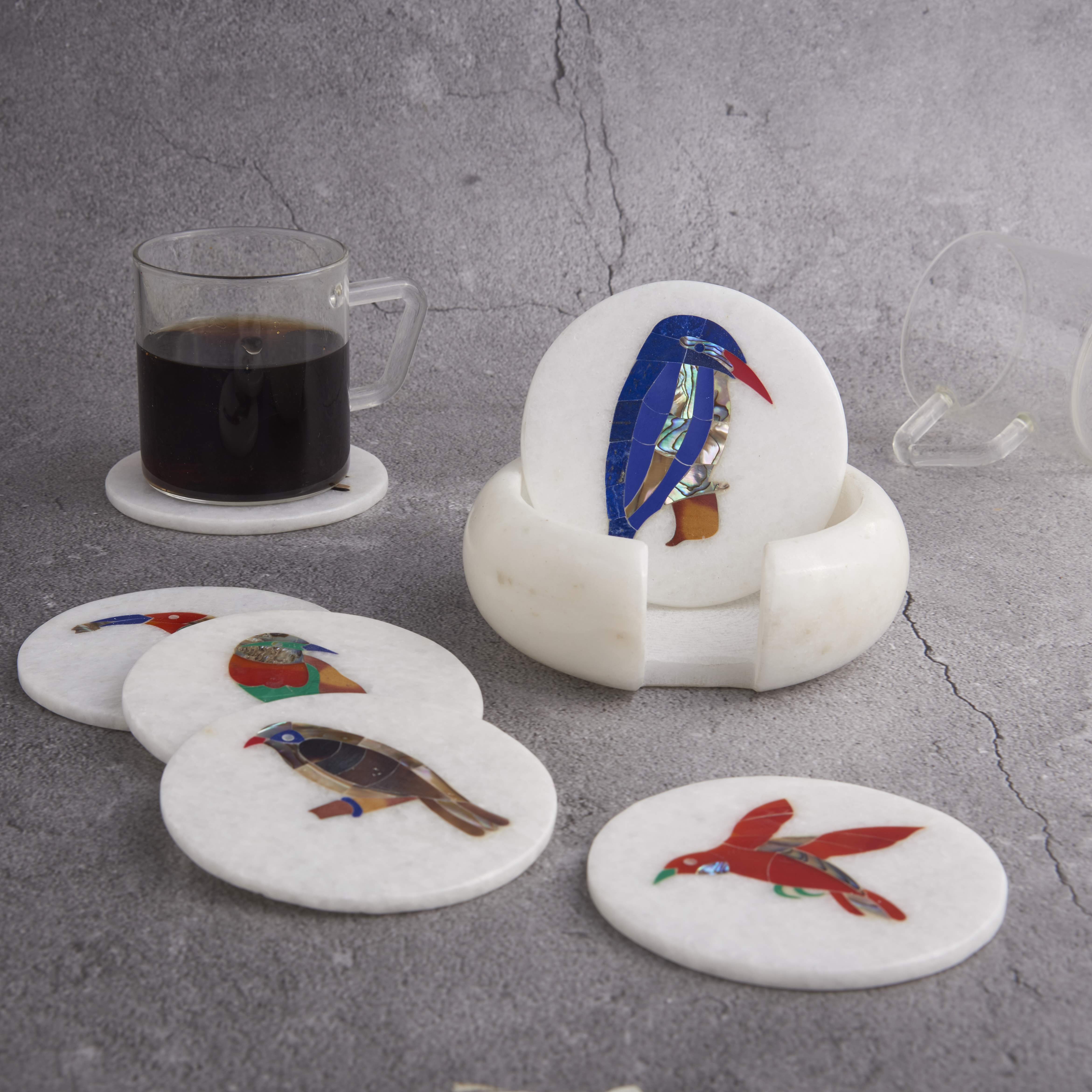 White Marble Coaster Set with Multi Color Gemstone Inlay Birds Art, Coasters for Coffee Table and Living Room