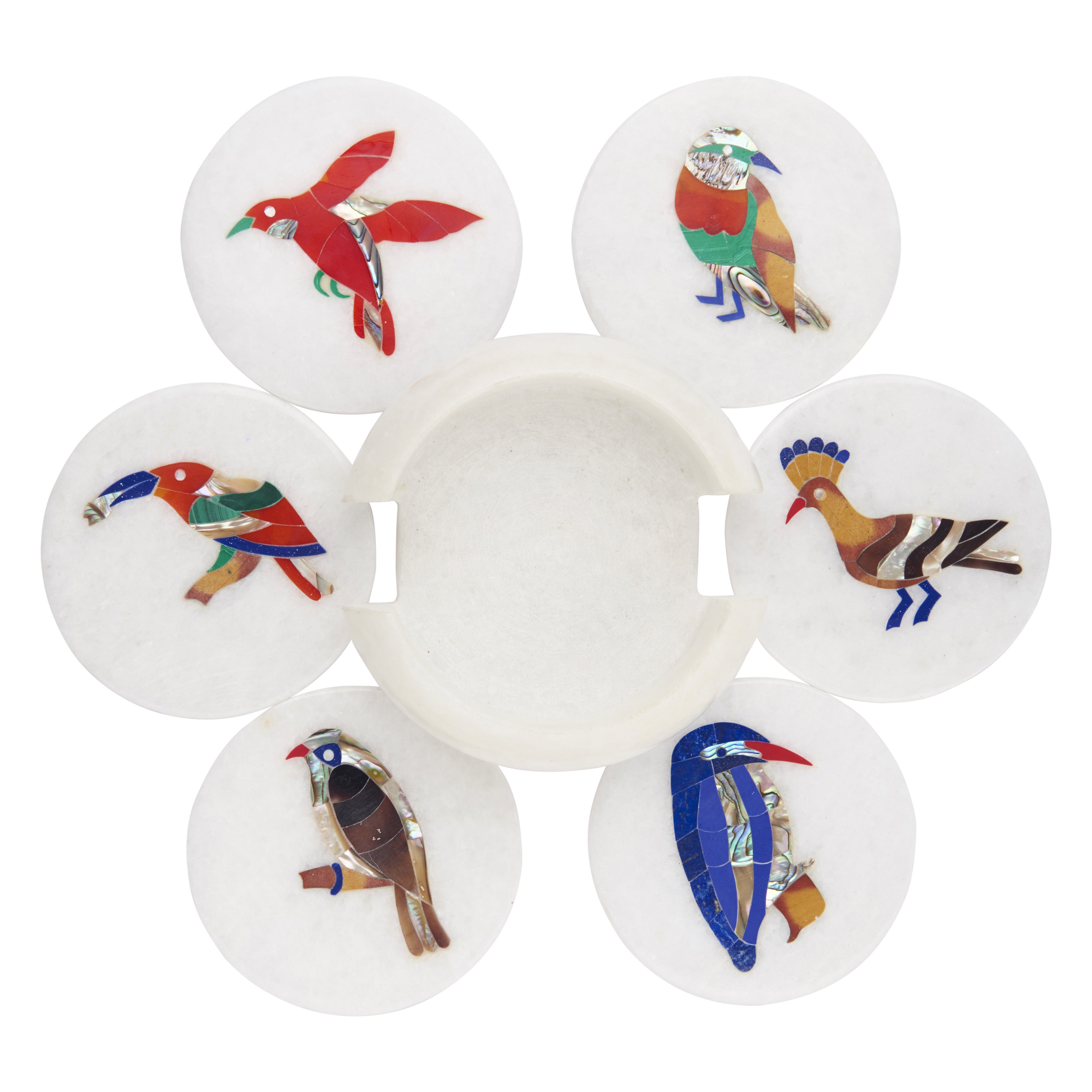 White Marble Coaster Set with Multi Color Gemstone Inlay Birds Art, Coasters for Coffee Table and Living Room