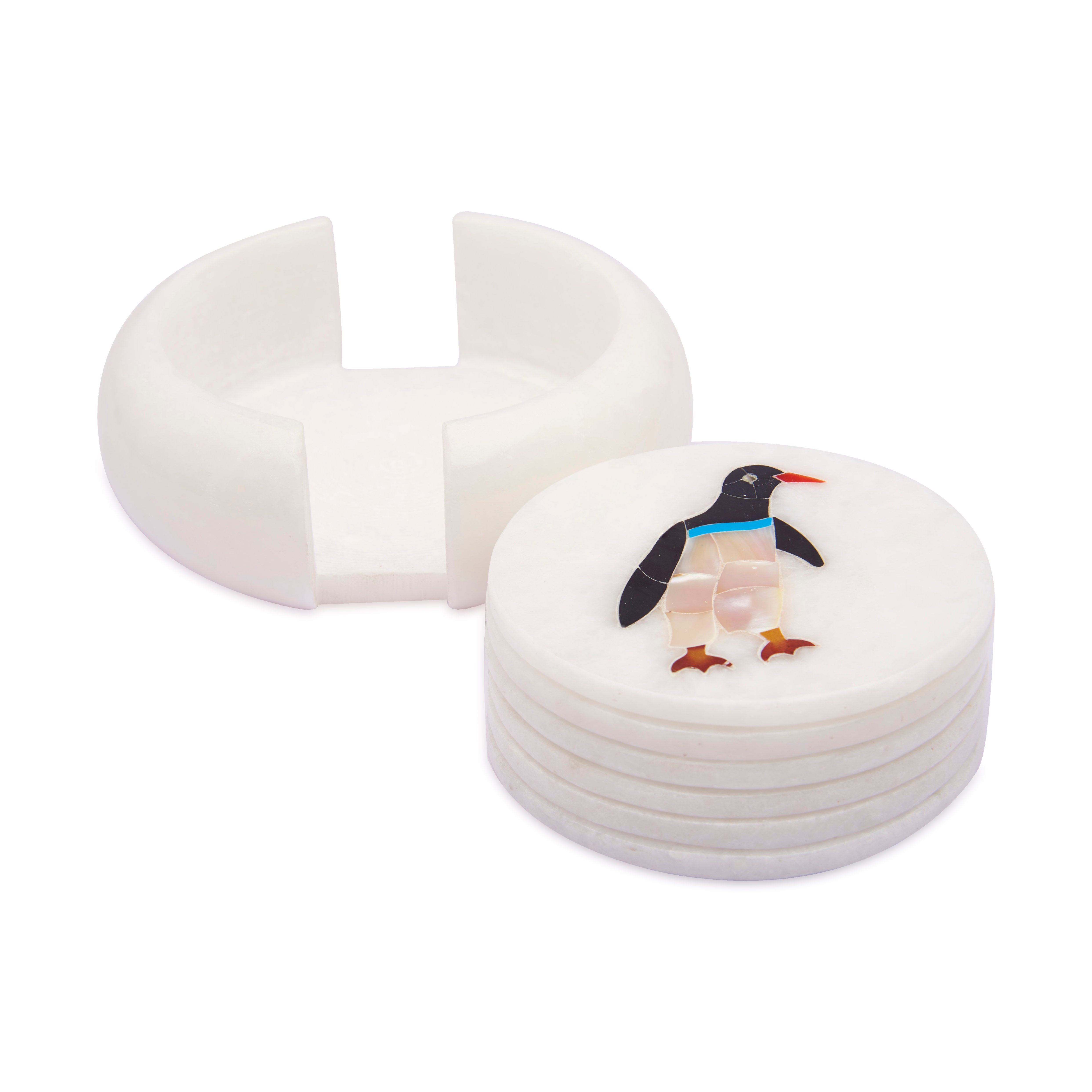 White Marble Coaster Set with Multi Color Gemstone Inlay Penguin Art, Coasters for Coffee Table and Living Room