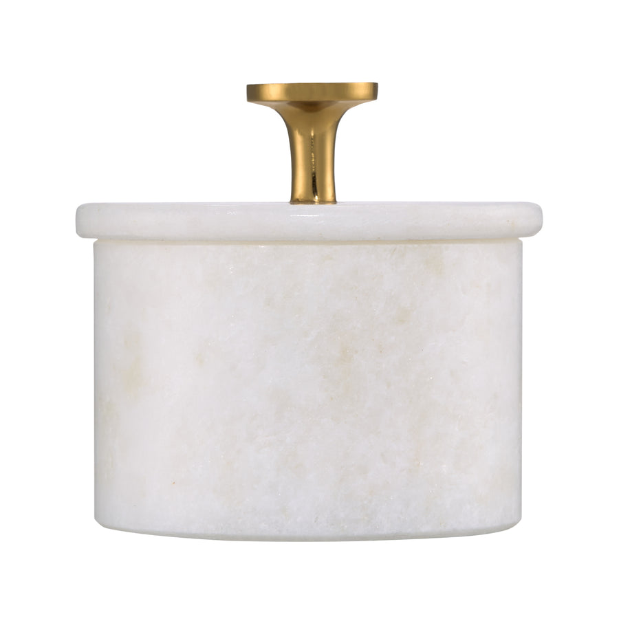 White Makranan Marble Salt Cellar with Lid and Brass Knob, 3 Inch Box for Salt and Spices