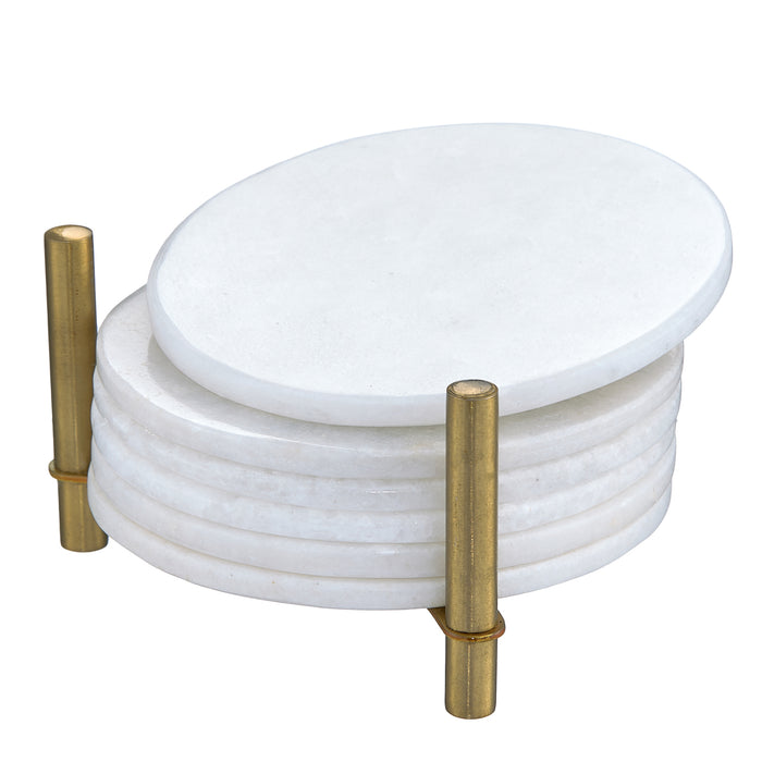 Marble Coaster Set of 6 with Metal Holder, Pearl White Marble Coasters Round Tiles 3.5 Inch Wide 5 mm Thick