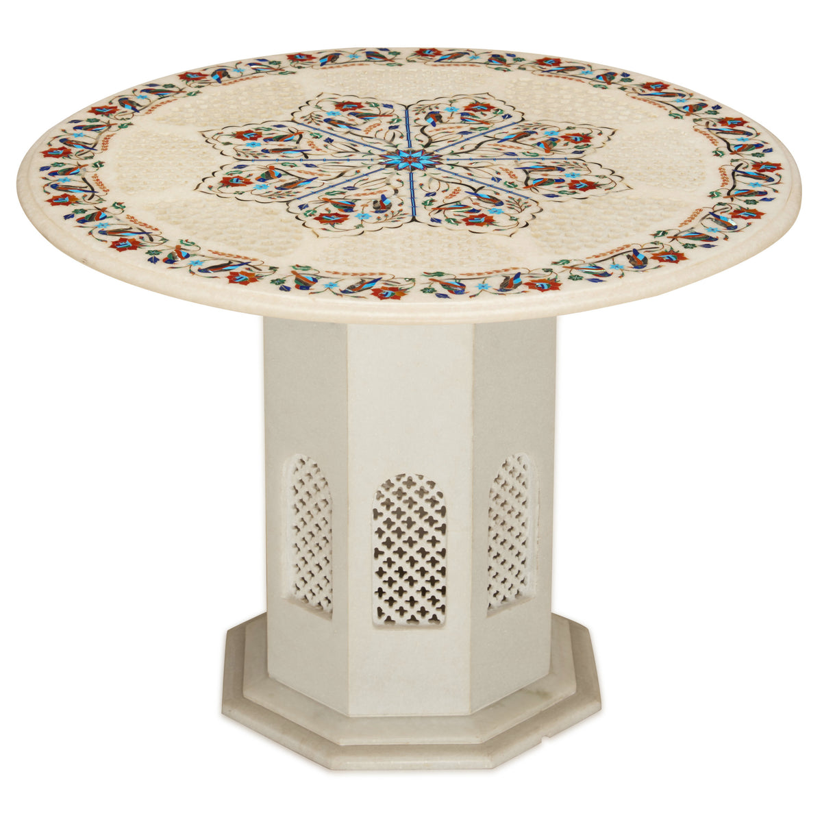 Handcrafted White Marble Inlay Side Table | Floral Rosette with Jaal P