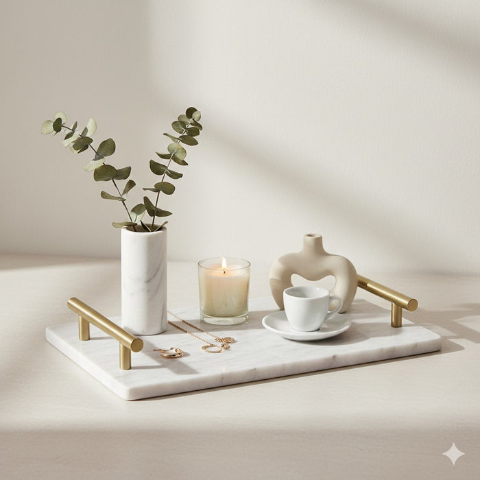 White Marble Tray with Gold Handles: Luxury Vanity & Serving Décor