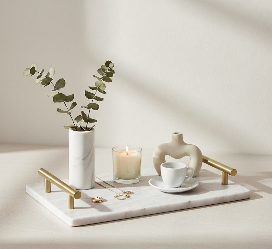 White Marble Tray with Gold Handles: Luxury Vanity & Serving Décor