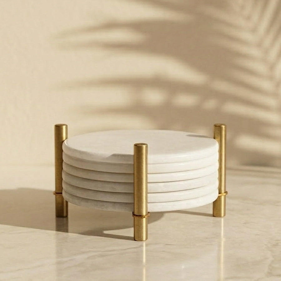 Marble Coaster Set of 6 with Metal Holder, Pearl White Marble Coasters Round Tiles 3.5 Inch Wide 5 mm Thick