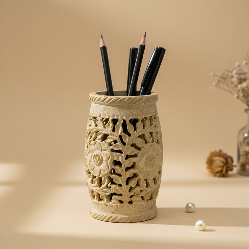 Hand-Carved Sandstone Pen Holder | Lattice Design Desk Organizer | Handmade Stone Pencil Holder from Agra