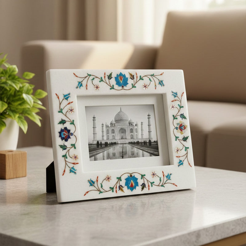 Handmade White Marble Inlay Photo Frame (8”×10”) – Semi-Precious Stone Pietra Dura Work