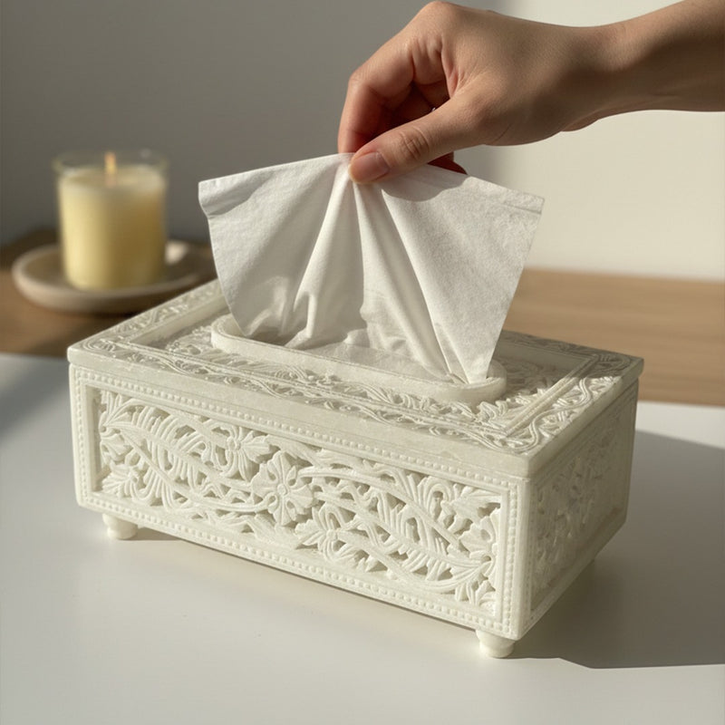 Alabaster Jaali Tissue Holder | Hand-Carved White Stone Tissue Box Cover