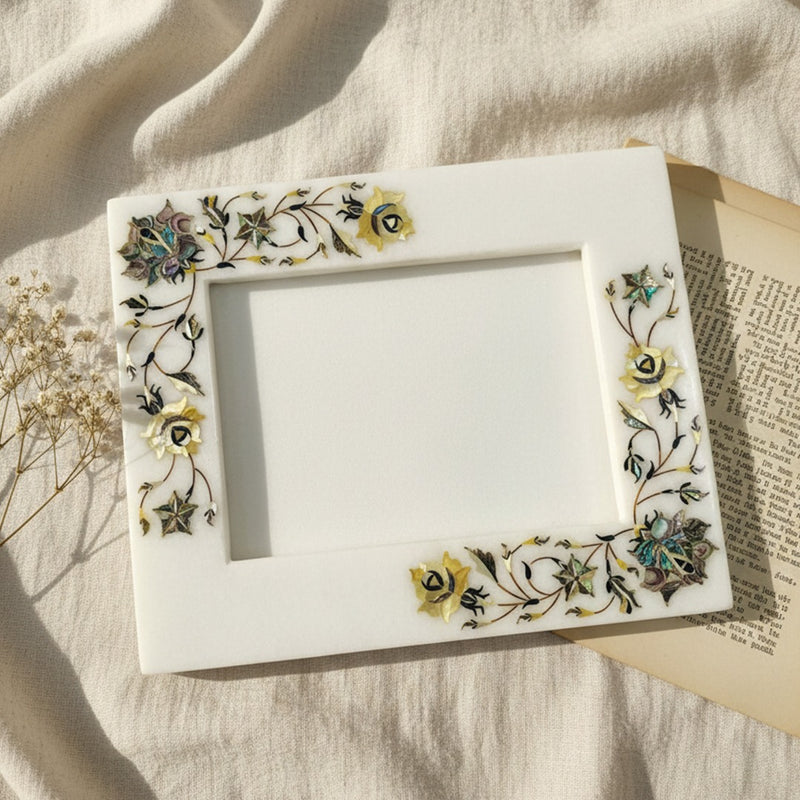 Marble Photo Frame with Abalone Shell & Semi-Precious Stones