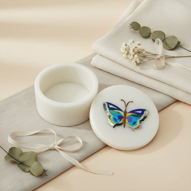 Handcrafted White Marble Butterfly Jewelry Box – Semi-Precious Stone Inlay Trinket Organizer