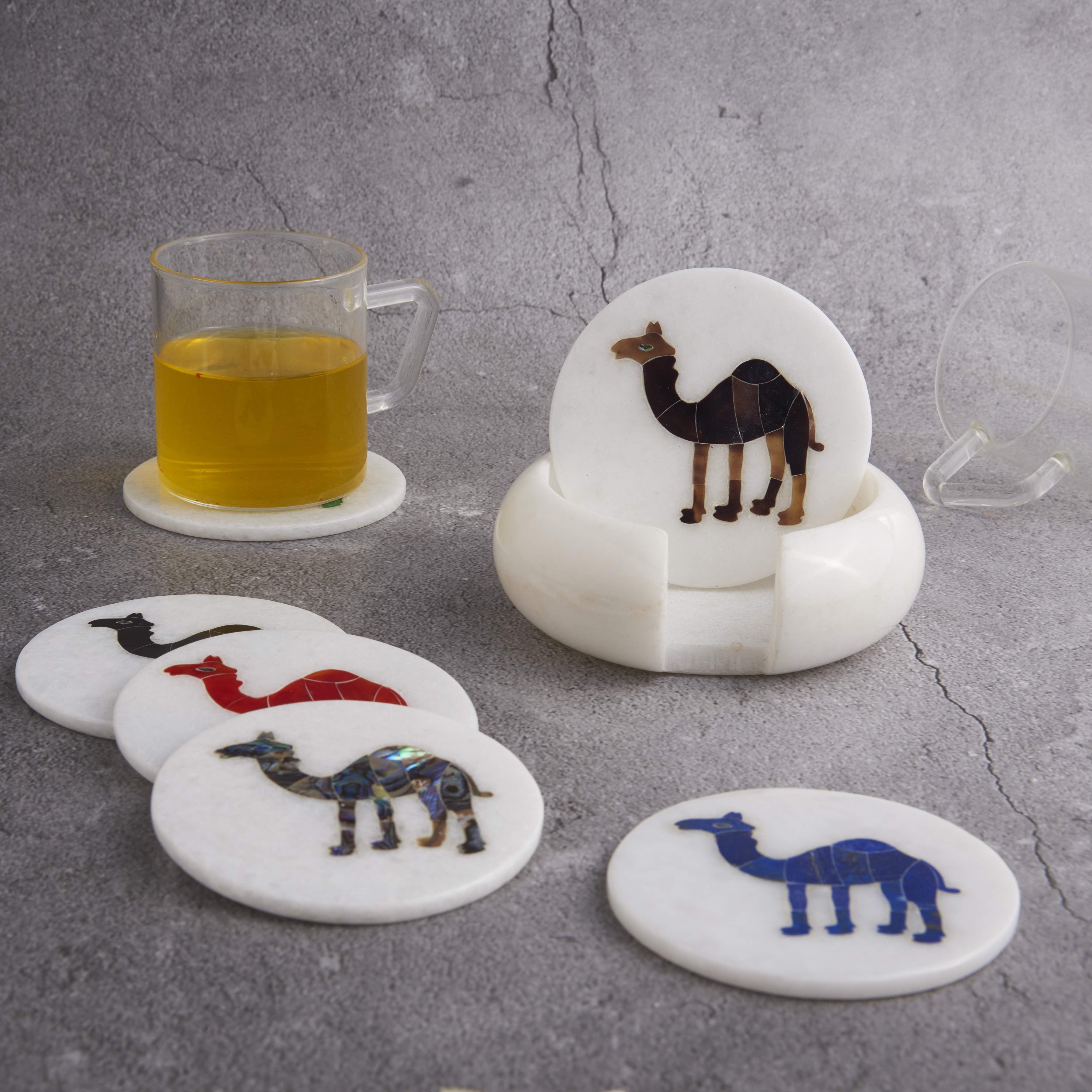 White Marble Coaster Set with Multi Color Gemstone Inlay Camel Art, Coasters for Coffee Table and Living Room