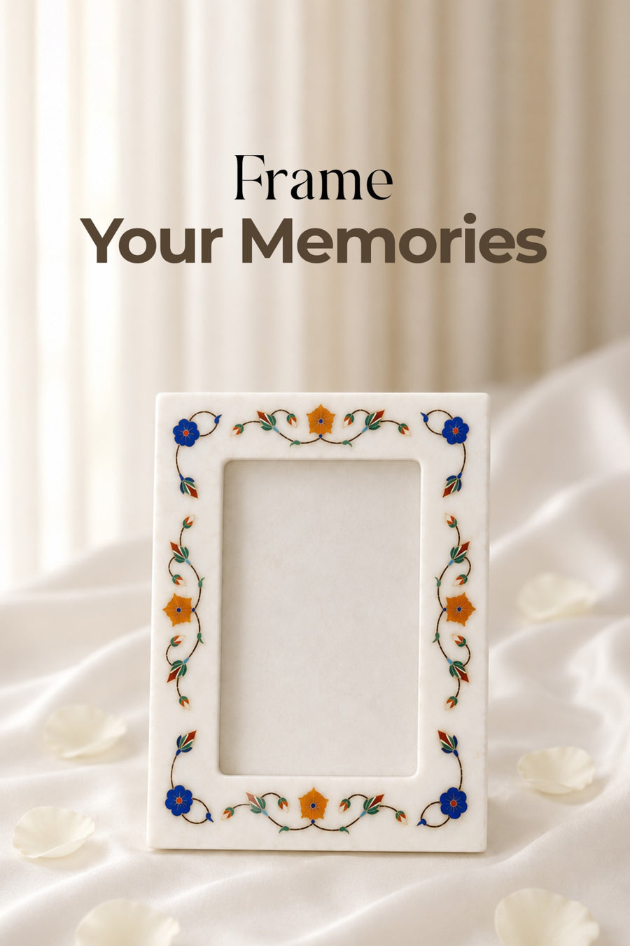 Frame Your Memories: a white marble photo frame with colourful floral inlay on soft white fabric