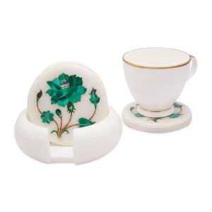 White Marble Coaster Set with Malachite Gemstone Inlay Floral Art, Coasters for Coffee Table and Living Room