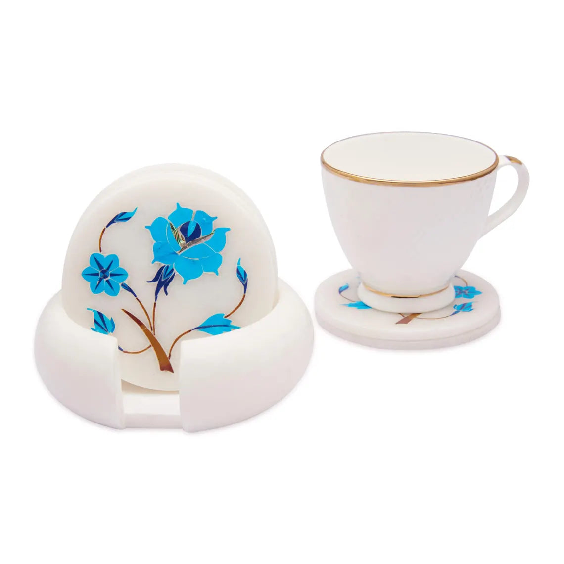 White Marble Coaster Set with Turquoise Gemstone Inlay Floral Art, Coasters for Coffee Table and Living Room