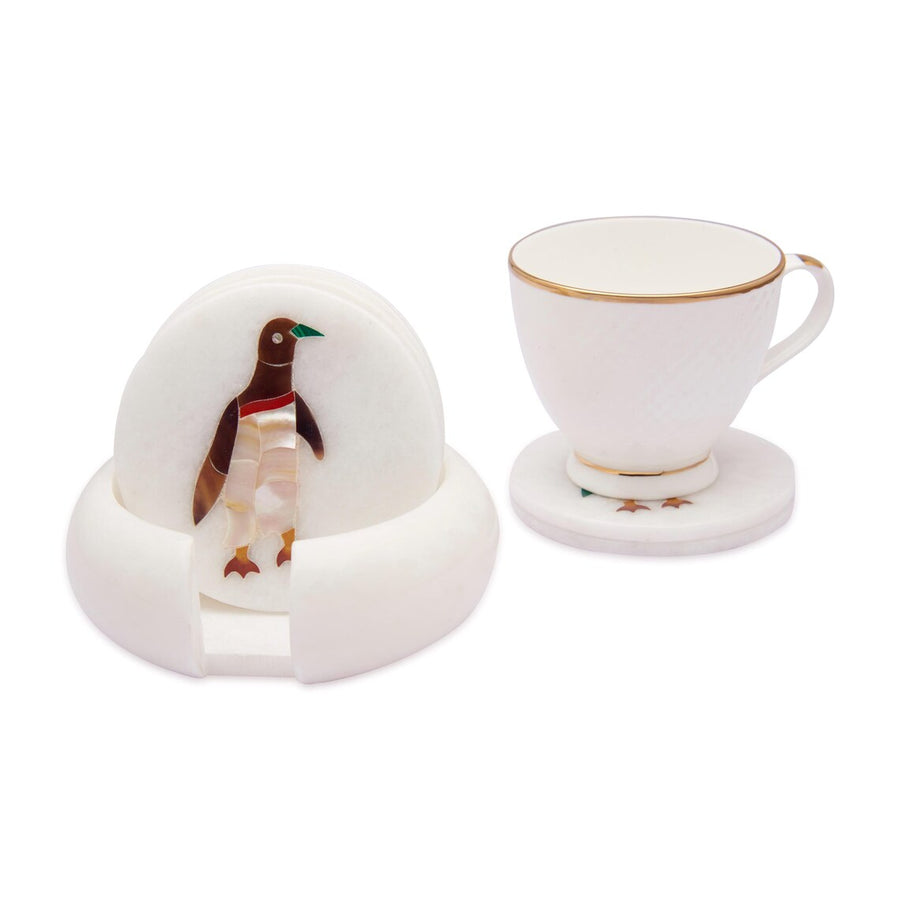 White Marble Coaster Set with Multi Color Gemstone Inlay Penguin Art, Coasters for Coffee Table and Living Room