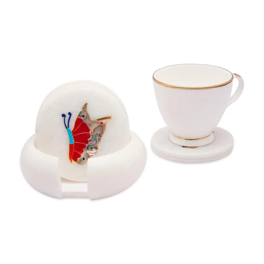 White Marble Coaster Set with Multi Color Gemstone Inlay Butterfly Art, Coasters for Coffee Table and Living Room