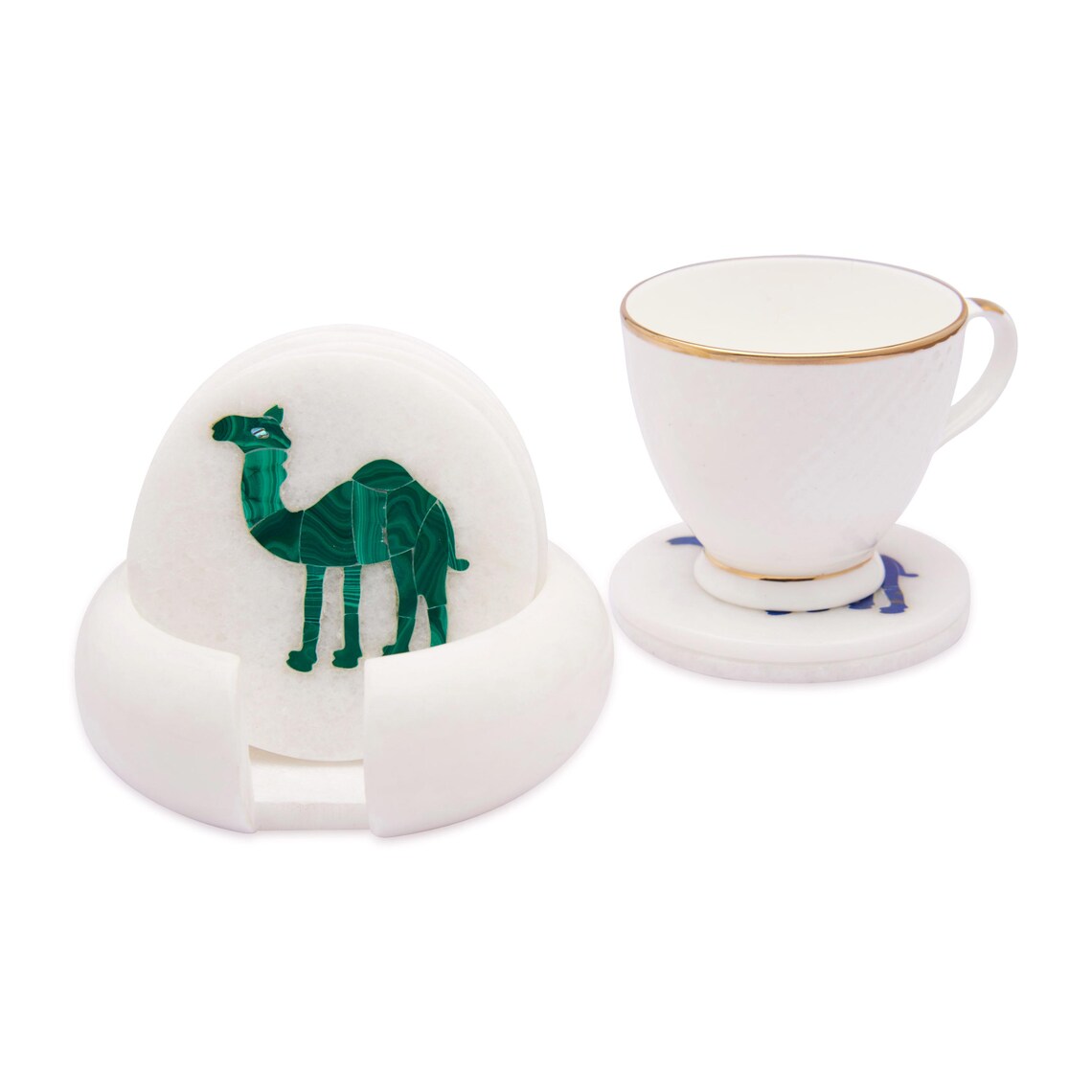 White Marble Coaster Set with Multi Color Gemstone Inlay Camel Art, Coasters for Coffee Table and Living Room