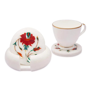 White Marble Coaster Set with Carnelian Gemstone Inlay Floral Art, Coasters for Coffee Table and Living Room