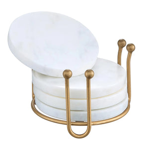 Premium White Marble Coasters with Elegant Metal Holder, Set of 4 with Table Protection, Sophisticated Home Decor, Handcrafted Natural Stone