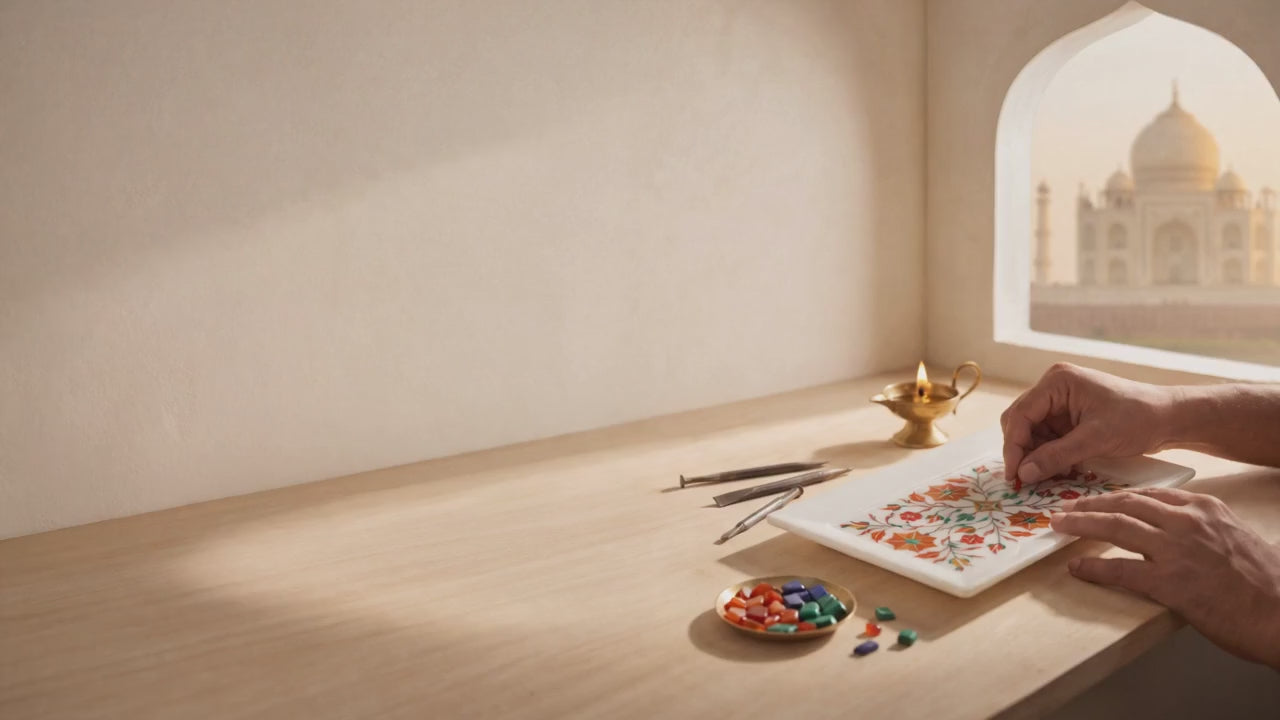 Artisan's hands setting a stone into a floral Pietra Dura marble tray, with the Taj Mahal in the window behind