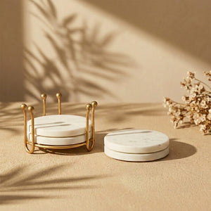Premium White Marble Coasters with Elegant Metal Holder, Set of 4 with Table Protection, Sophisticated Home Decor, Handcrafted Natural Stone