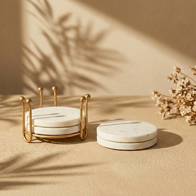 Premium White Marble Coasters with Elegant Metal Holder, Set of 4 with Table Protection, Sophisticated Home Decor, Handcrafted Natural Stone