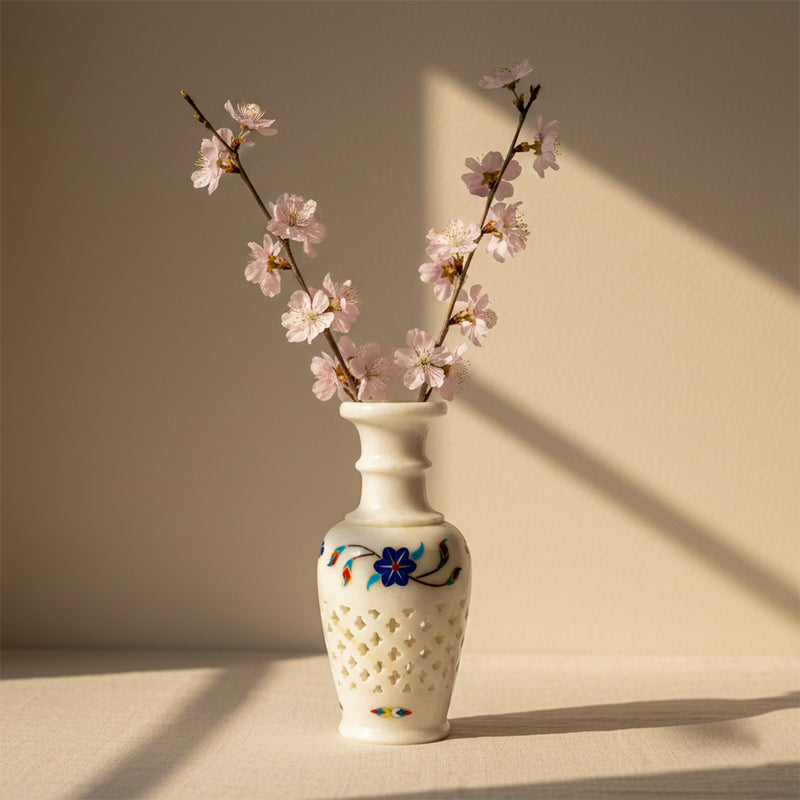 White Marble Flower Vase with Lapis Lazuli Inlay | Handcrafted Floral Lattice Decor